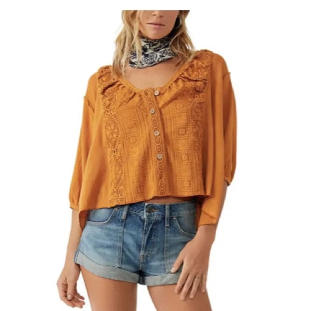 Free People Mae Top Relaxed Crochet Russet Orange Size Small NWT